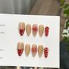 Women Short Almond Press‑On Nails Pure‑Handmade Red Hand‑Painted European American Carved False Nail Patches