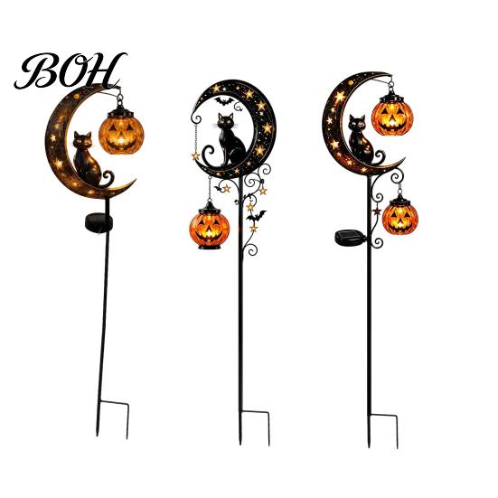 Easy Install Decorative Stakes Halloween Solar Garden Light, Black Cat Pumpkin Moon Stake Pathway Lights for Home Courtyard Waterproof LED Yard