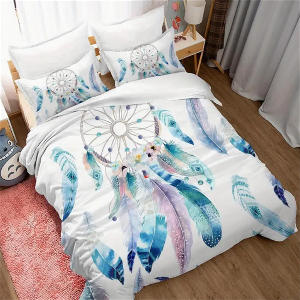 Twin Size 2-Piece Dream Catcher Comforter Set - Vibrant Watercolor Bohemian Flower Print, Soft Feather Pattern, Hypoallergenic