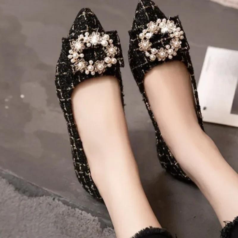 Летняя обувь Женская Женская Жемчужная отделка Острый носок Открытый верх Повседневные женские кроссовки Балетки Модис 2024