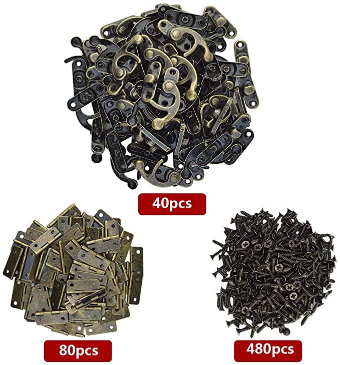 80Pcs Retro Small Box Hinges And 40 Sets Antique Right Latch Hook Hasp For Wood Jewelry Box Cabinet Decoration