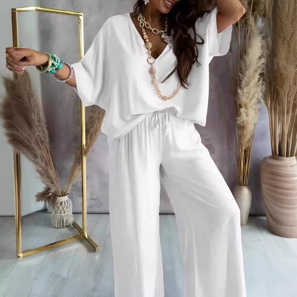 Комплекты с длинными брюками, летний комплект из двух предметов для женщин, с v-образным вырезом и рукавами «летучая мышь», повседневные свободные широкие брюки, комплект из 2 предметов, однотонная одежда