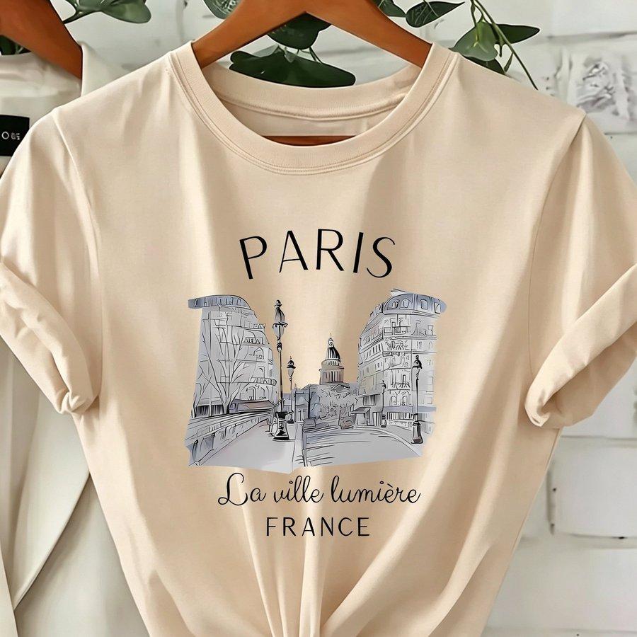 Unisexs Paris Print Crew Neck Tshirt Casual Loose Fit Short Sleeve Top With Eiffel Tower French Lettering Design
