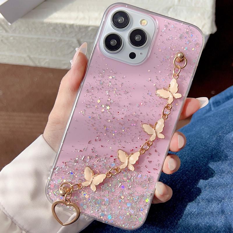 Прозрачный чехол из смолы с блестками для iPhone 17 Pro Max с браслетом, дизайн с прозрачным бантиком