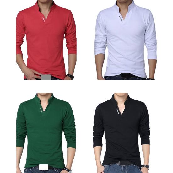 Мужская весна-осень футболка с воротником-стойкой, v-образным вырезом и длинными рукавами, мягкий приталенный однотонный мягкий дышащий мужской топ средней длины в деловом стиле