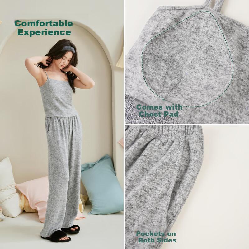 Anzhiban Women's Spring Autumn Pajamas with Chest Pad Camisole Cardigan Early Autumn Three-Piece Homewear Light Floral Gray M