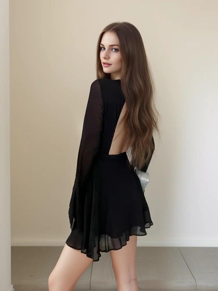 Элегантное черное цельное платье с открытой спиной, женское сетчатое лоскутное сексуальное тонкое платье, женское мини-платье на шнуровке с оборками, вечерние