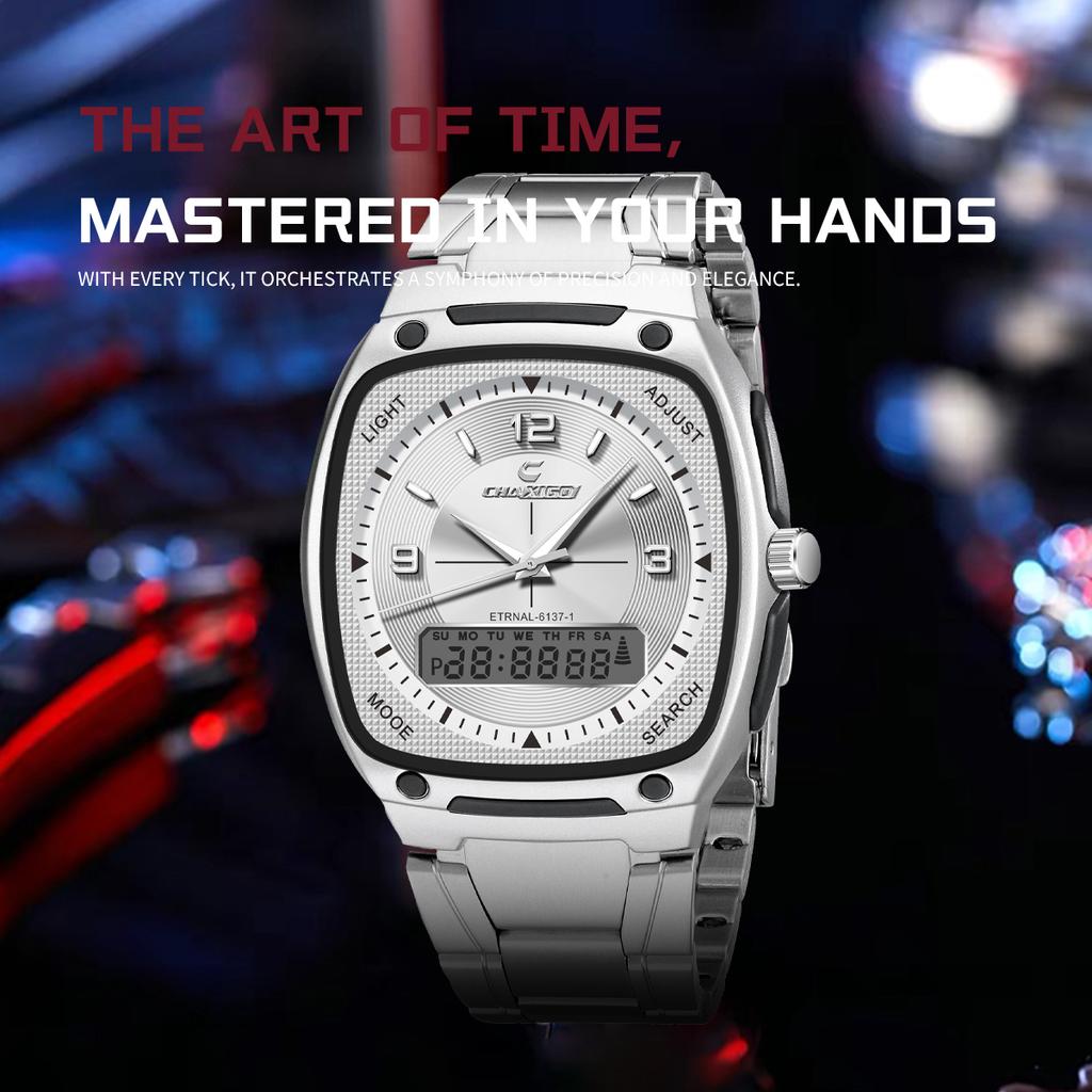 Мужские аналоговые часы с двойным дисплеем на стальном браслете, люминесцентные стрелки, водонепроницаемость 30 м, кварцевые часы