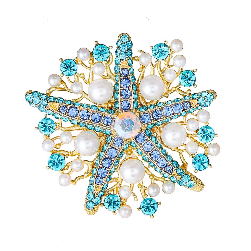 Weiman Pearl Starfish Flower Brooches Luxury Women Fashion Rhinestone Crystal Gold Plated Alloy Customize Designer Brooch Pins