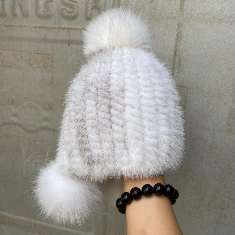 Kids Warm Winter Hats Natural Mink Fur Knitted Beanies 3 Balls Stylish Outdoor Snow Earflap Hats