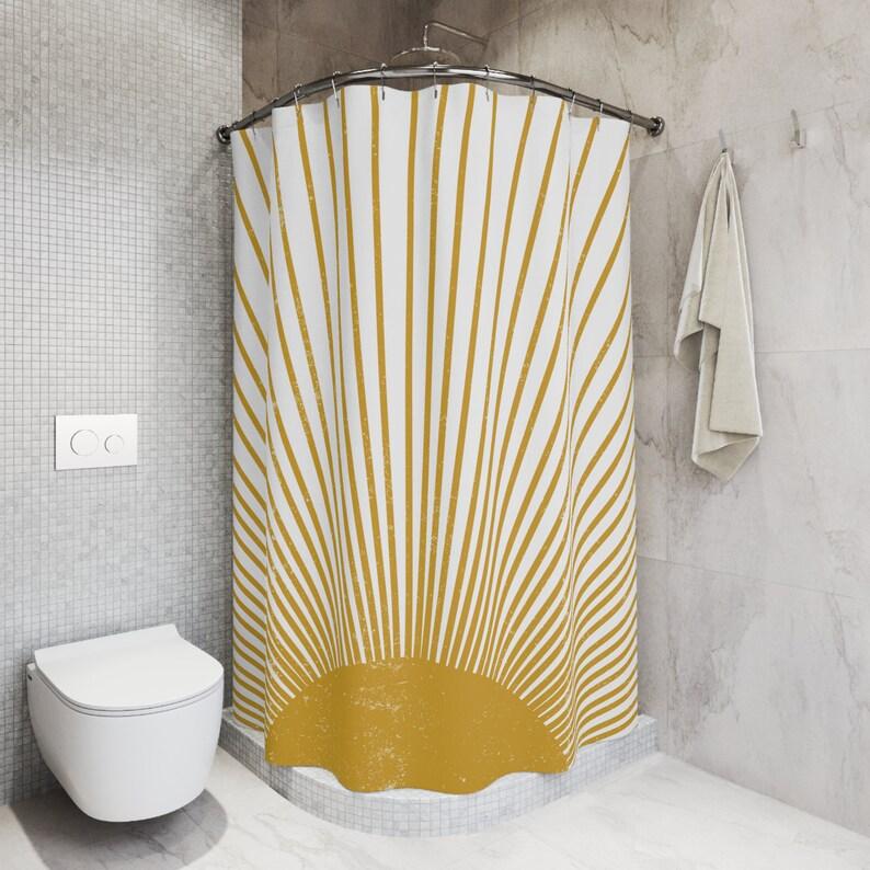 Душевая шторка в стиле Mid Century Modern Sun Boho, Ретро MCM Декор, Фанки Ванная комната, Горчично-желтый Винтажный Стиль, Потертый Солнечный Луч