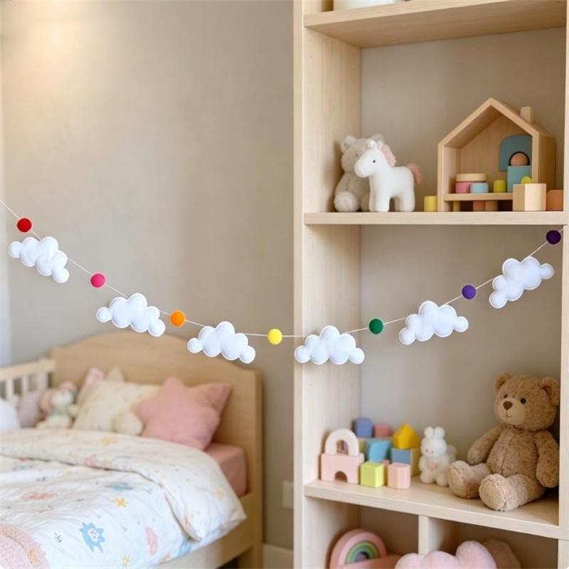 Nordic Felt Cloud and Pompom Garlands String Wall Hanging Decor Kids Room Bed Curtain Hanging Ornaments Party Banner Photo Props