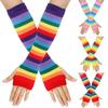 Women Winter  Elbow Length Fingerless Arm Sleeve Warmer Rainbow Colored Striped Knitted Sunscreen Girl Halloween Costume Gloves