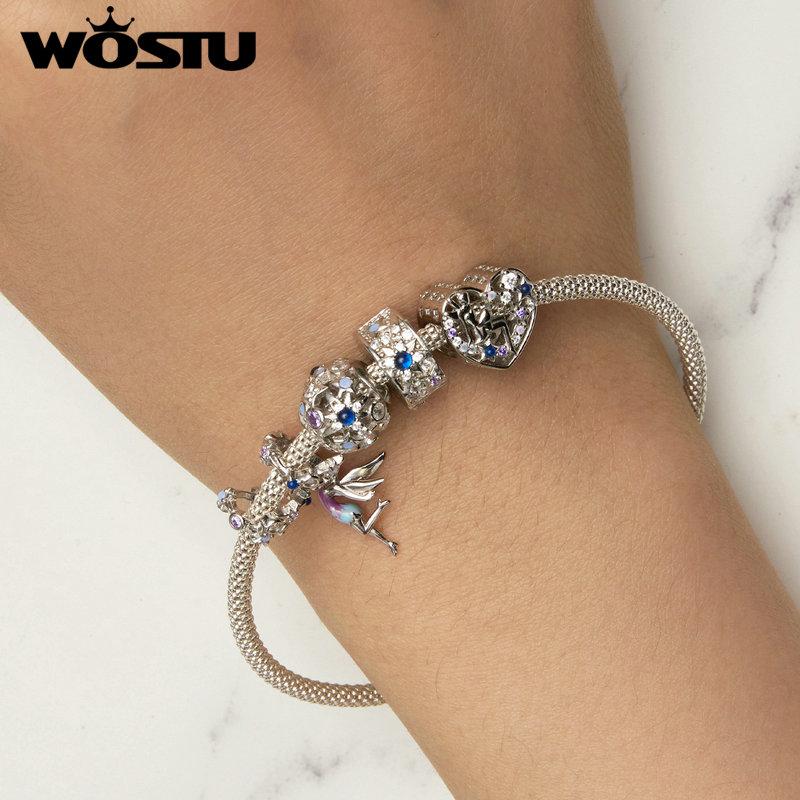 WOSTU Стерлингового серебра 925 пробы, бусины в форме сердца с изображением дневного и ночного эльфа, бусины в форме сердца для браслета, ювелирных изделий своими руками