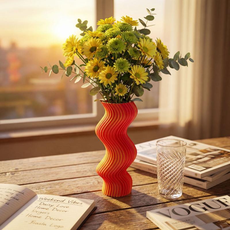 3D Printed Striped Vase Aesthetic Irregular Curved Flower Vessel Modern Decor for Home Bar Counter Display Party Gift