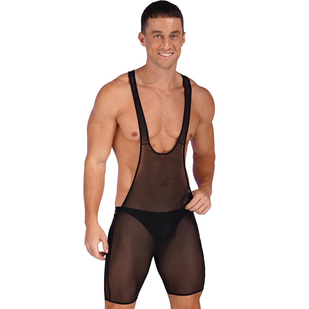Men's Suspender Wrestling Singlet Leotard Bodysuit Jockstrap One Piece Deep U Neck Jumpsuit