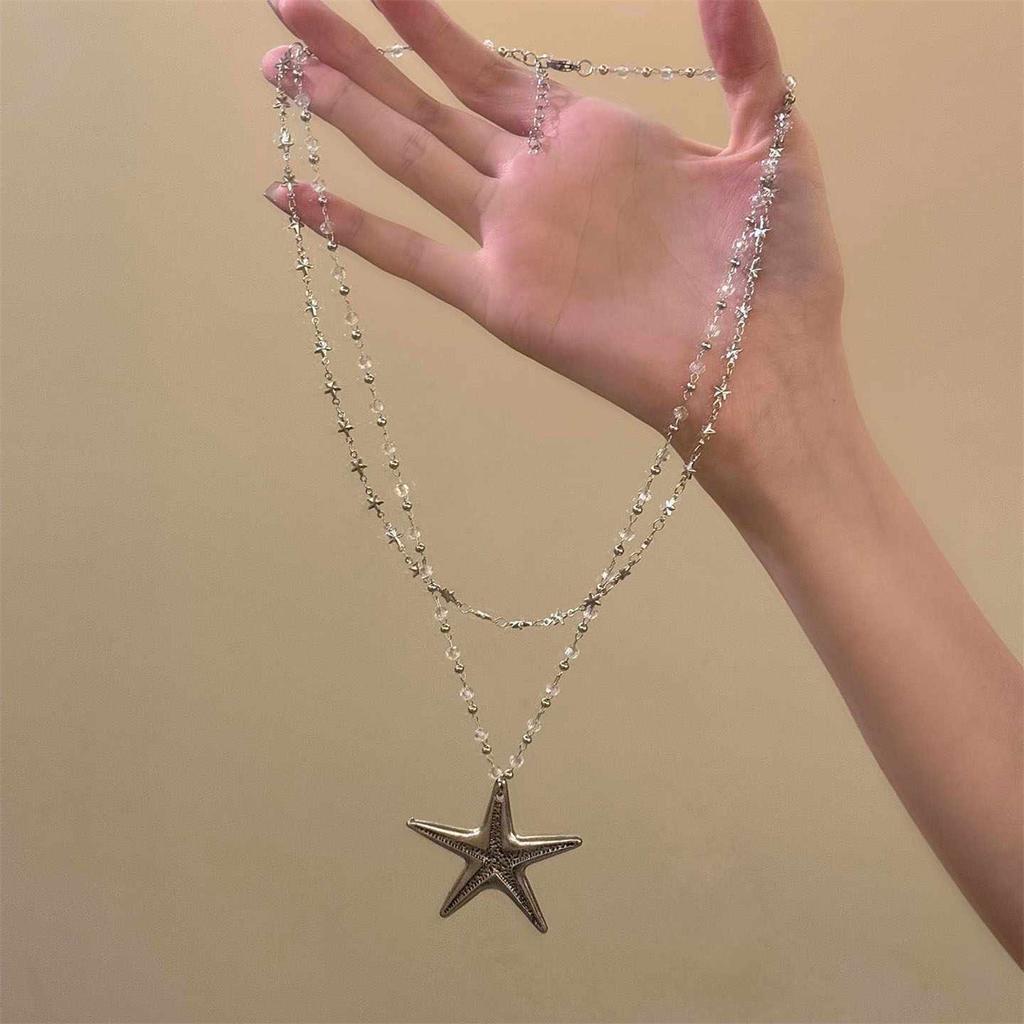 Personality Metal Big Starfish Pendant Necklace for Women Double-layered Star Beaded Chain Necklace Summer Ocean Y2K Jewelry