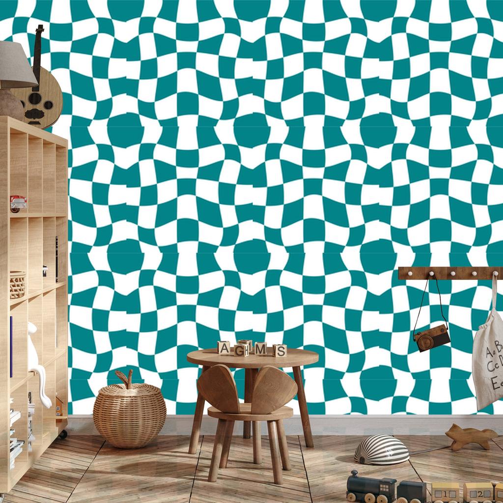 Wallpaper Casual Checkerboard Turquoise for Living Room and Bedroom 50x1000
