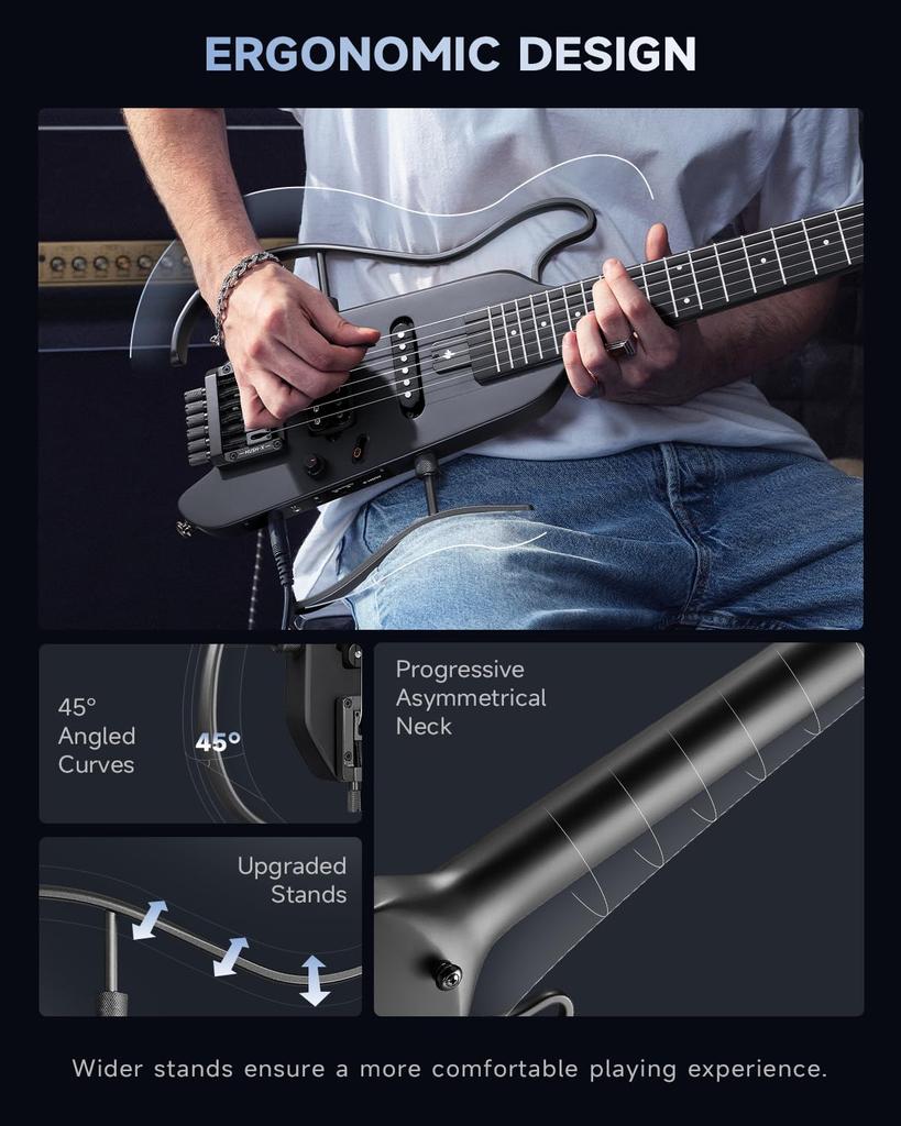 Donner HUSH X Electric Travel Portable Mini Electric Perfect for Black Guitar, Headless, Guitar, Guitar, Travel/Business Trips/Practice,