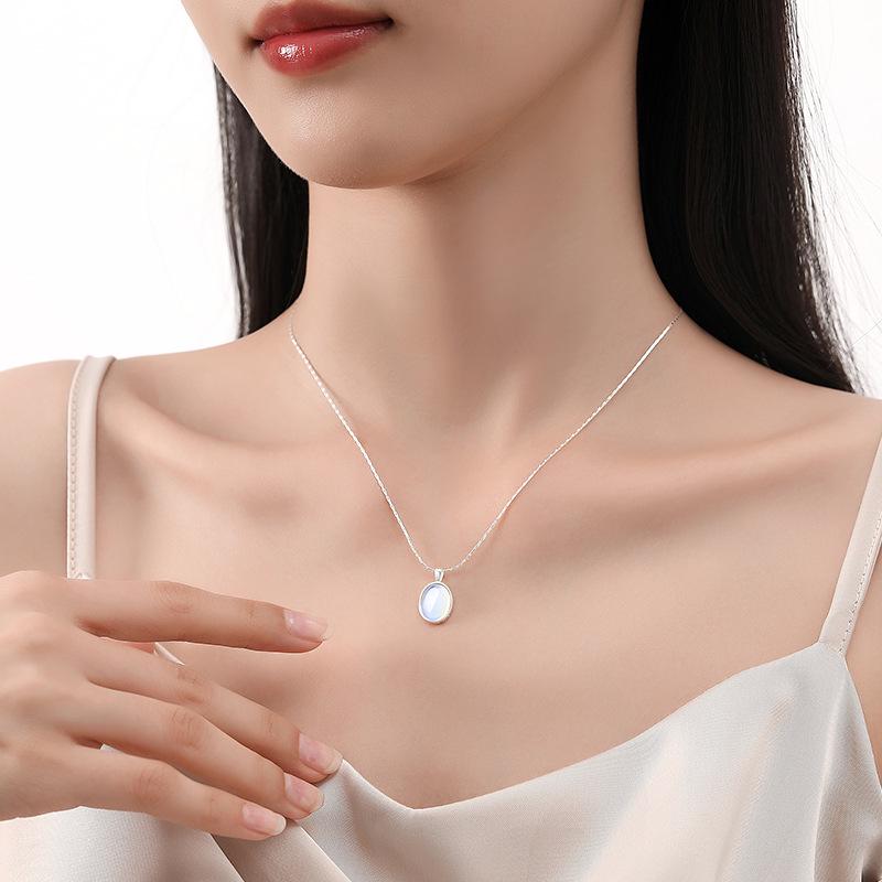Серебряное ожерелье Tichya S925 с лунным камнем/аквамарином – Нишевый дизайн, овальная змеиная цепочка для женщин