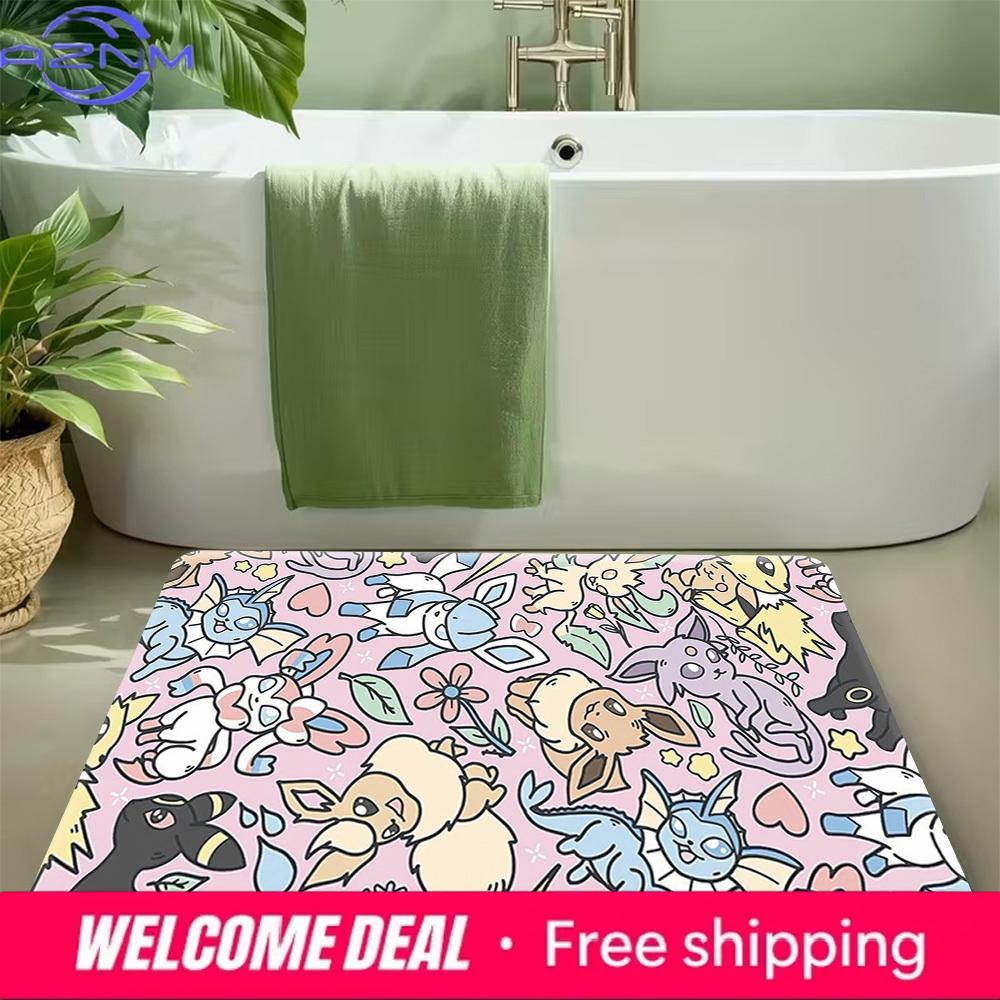 Pokemon Eeveelutions Cute Pink Doodle Print Non-slip Doormat, Soft Absorbent Floor Rug for Home Decor