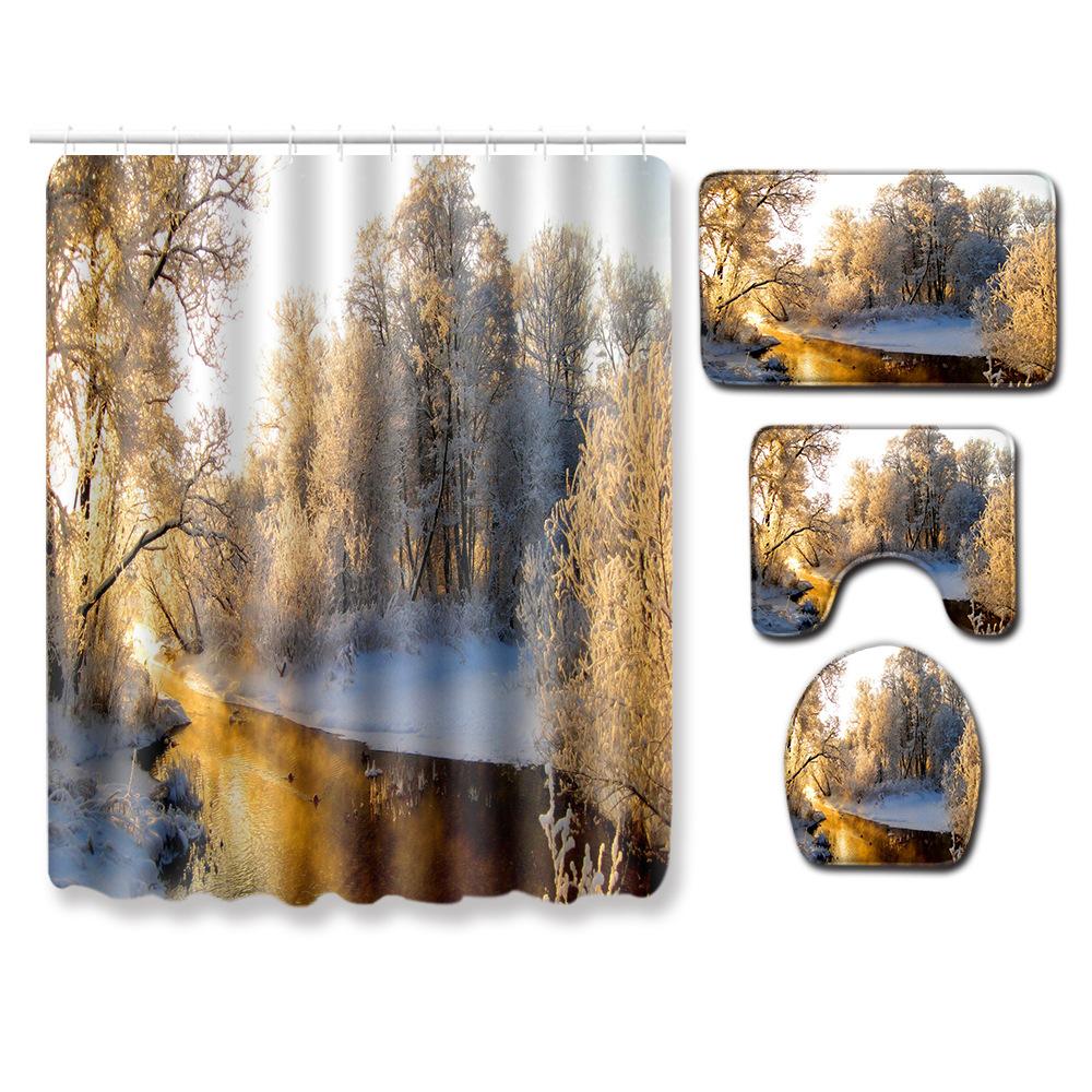 Landscape Shower Curtain Floor Mat Combination Four-Piece Set Bathroom Floor Mat Household Door Mat Bedroom Living Room Carpet