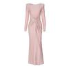 Women Evening Dress Pleated Knot Decor Slim Fit Round Neck Back Zipper Closure Full Length Wedding Party Prom Maxi Dress