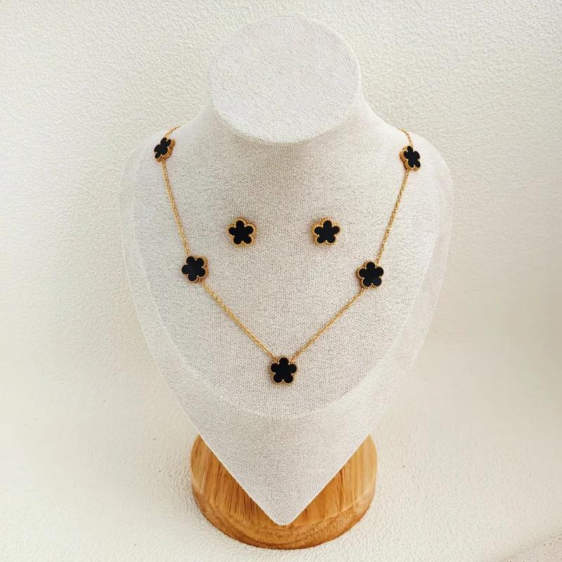 Двусторонний кулон в виде растения и цветка, серьги с цирконами, набор для женщин, нержавеющая сталь, водонепроницаемый, цирконы в виде клевера, подарки