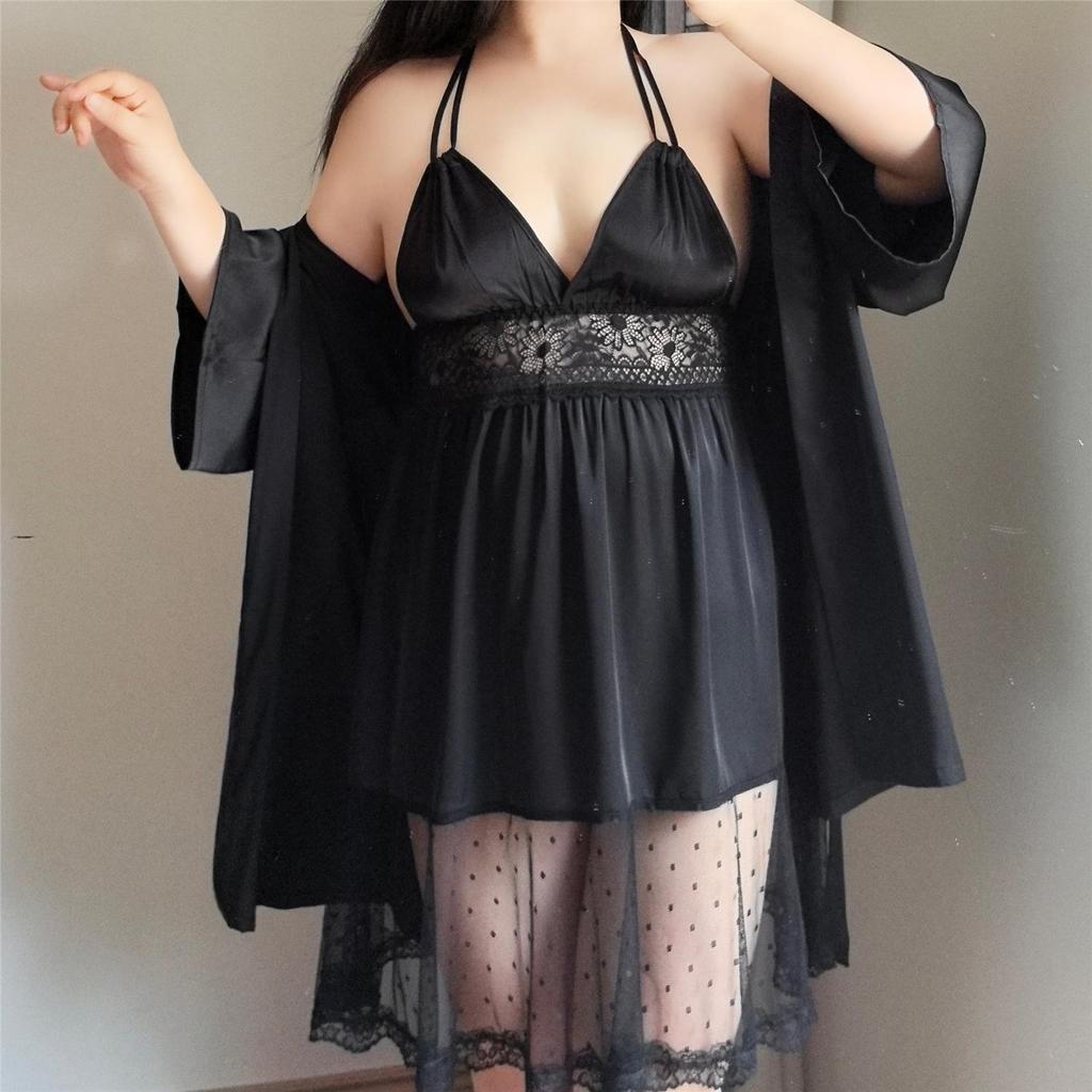 Plus Size Light Luxury Lace Ice Silk Two-Piece Pajama Set with Chest Pads