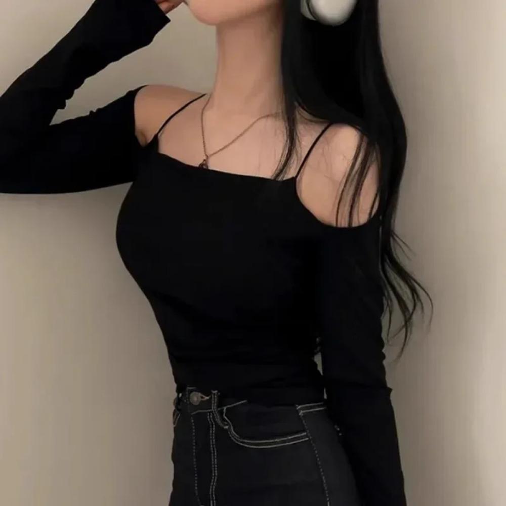 VAYLA Korea New Style Pure Desire Sexy Off-The-Shoulder Two-Piece Illusionslims Women's Long Sleeve T-Shirt Versatile Smoot