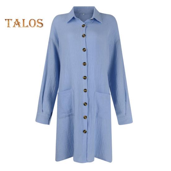 Платье женское осень-весна с отложным воротником, свободные длинные рукава, однобортное, однотонное, рубашечного типа, OL, миди-платье для поездок на работу