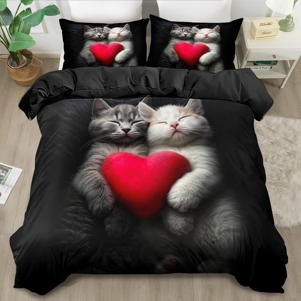 Романтичный и Любящий Принт Кота Комплект Пододеяльника Королевский Королевский Стиль Постельное Белье Подарок на День Рождения (Включает 1 пододеяльник + 1/2 наволочки)
