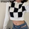 Осенний свитер женский вязаный свитер с узором в шахматную доску женский полувысокий воротник длинный рукав вязаный короткий свитер