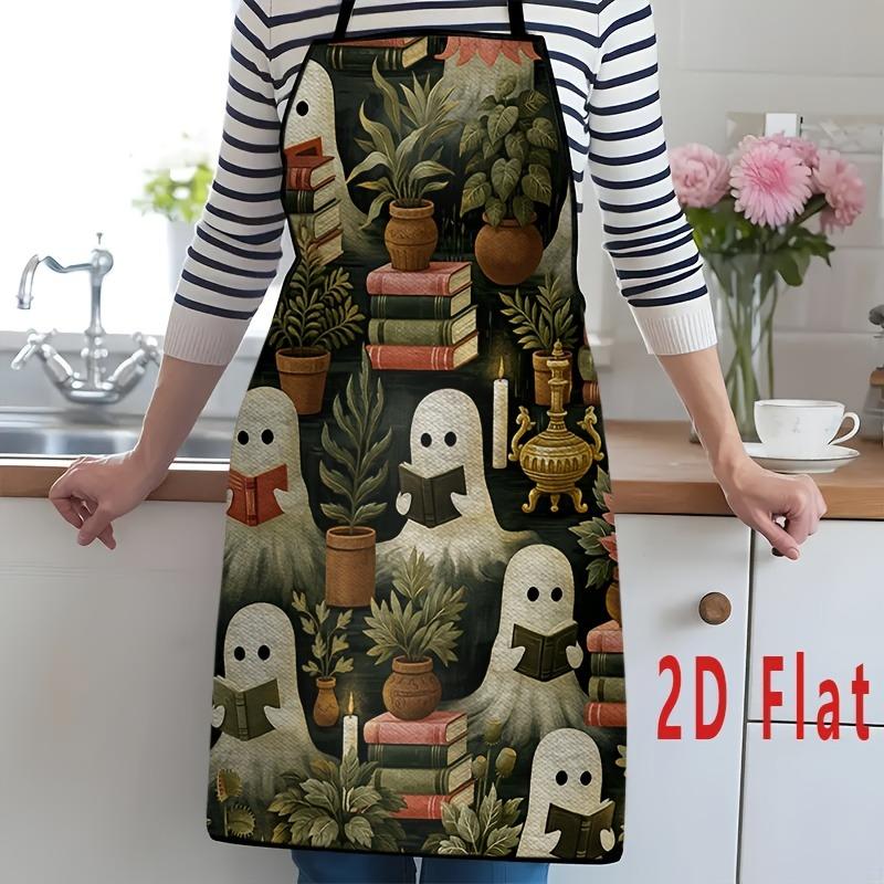 1pc Halloween Ghost Library Pattern Apron - 2D Flat Printing Home Kitchenware, Washable And Reusable. Suitable for Cooking, Baking, BBQ, Gardening, An