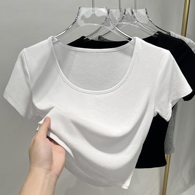 Футболка с короткими рукавами для женщин, новая женская базовая рубашка с открытым U-образным вырезом и ключицей, темпераментный топ с короткой талией