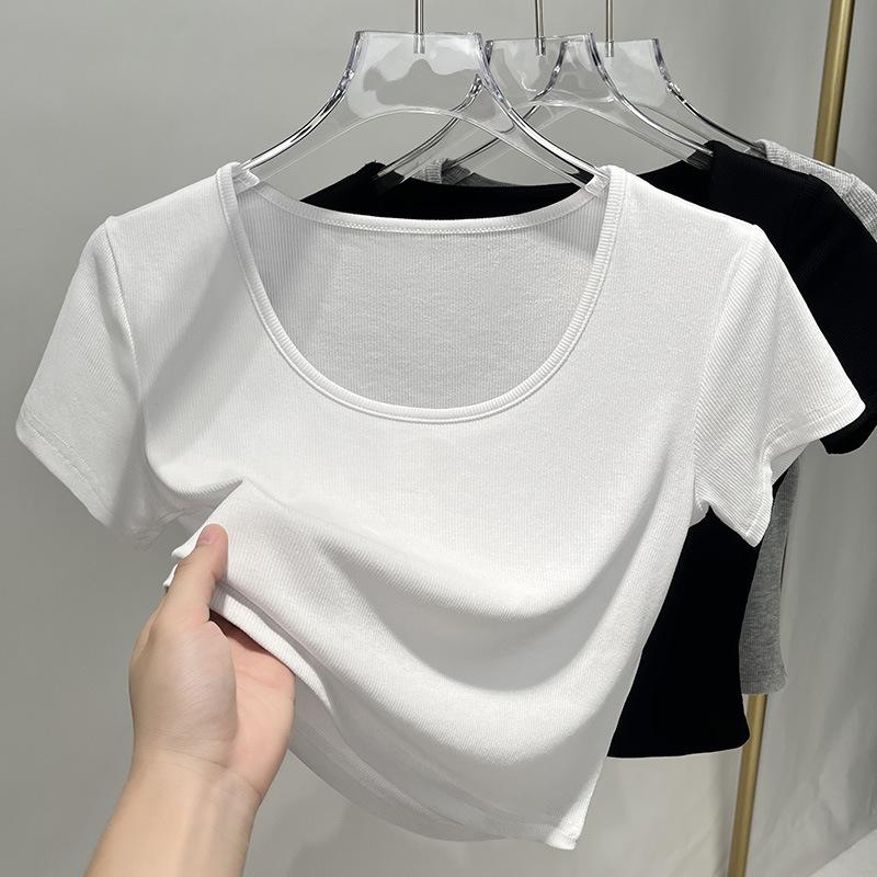 Short-sleeved T-shirt for Women's New Women's Collarbone Exposed U-neck Base Shirt Temperament Short Waist Top