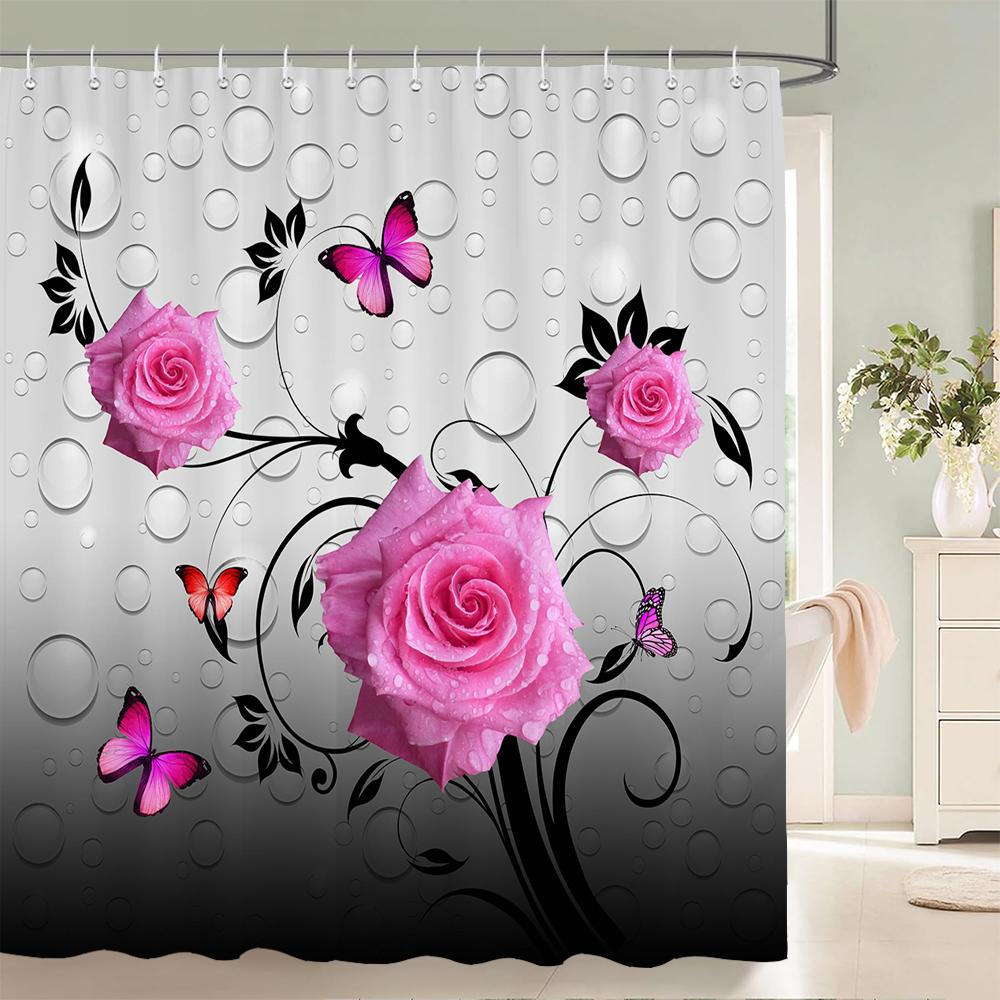3D Бабочка Цветок Ткань Водонепроницаемая Шторка для душа Шторы для ванной комнаты Набор Синий Розовый Роза Нескользящий коврик Чехол на крышку унитаза Коврик для ванной