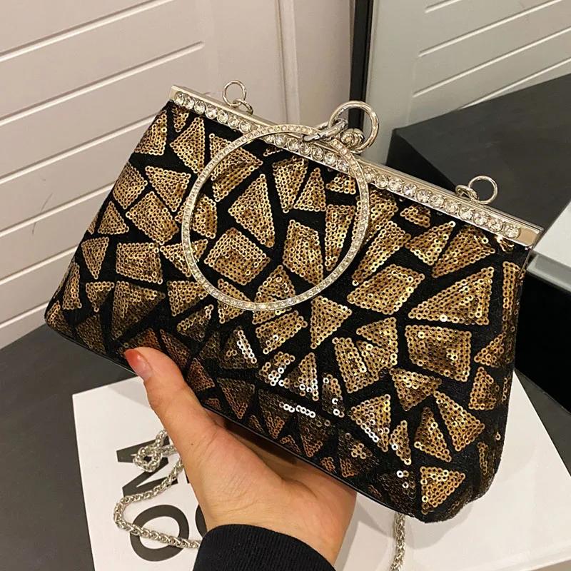 Сумки-мессенджеры с блестками и кристаллами на цепочке для женщин, блестящая сумочка-клатч с зажимом для роскошной свадебной вечеринки, дизайнерский клатч