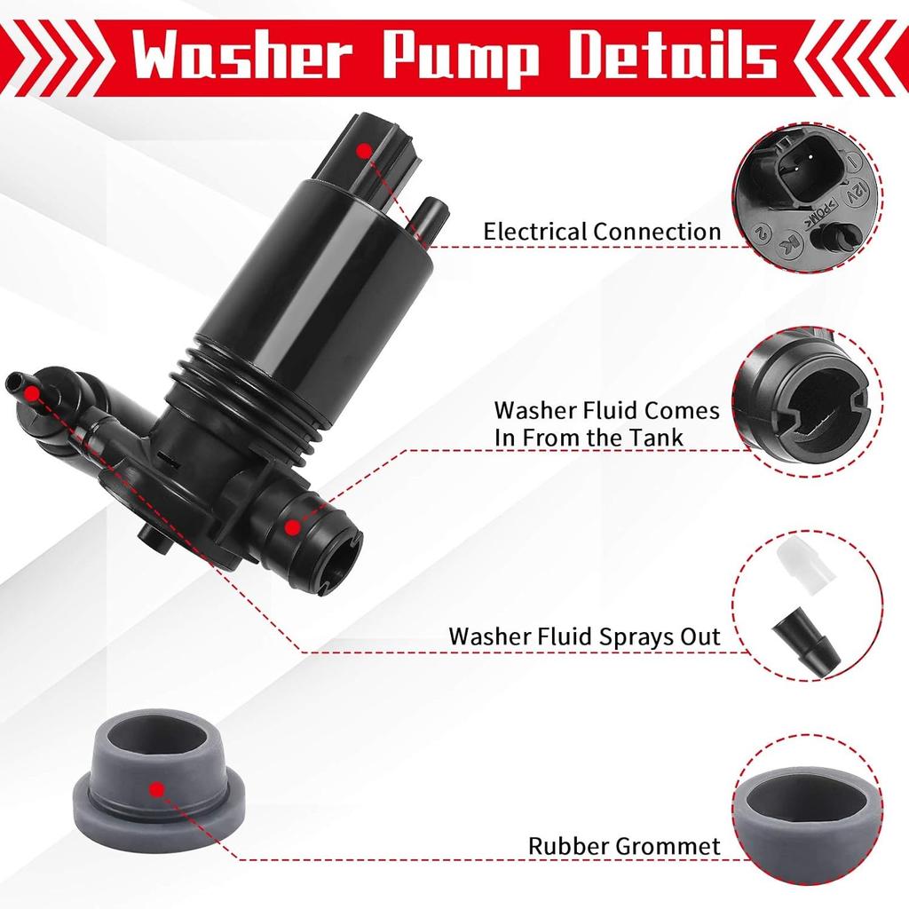 5093412AA Windshield Washer Pump with Grommet for Chrysler | Dodge | Jeep Grand Cherokee, Liberty | Land Rover Replaces OEM# 4818-232316A