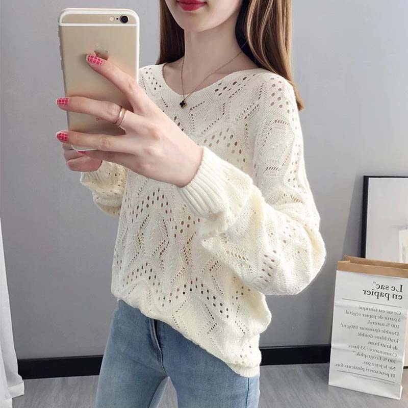 Hollow Knit Sweater Thin Women's Loose Pullover Sweet Outer Bottomed Blouse College Girl Style Hand Knitting