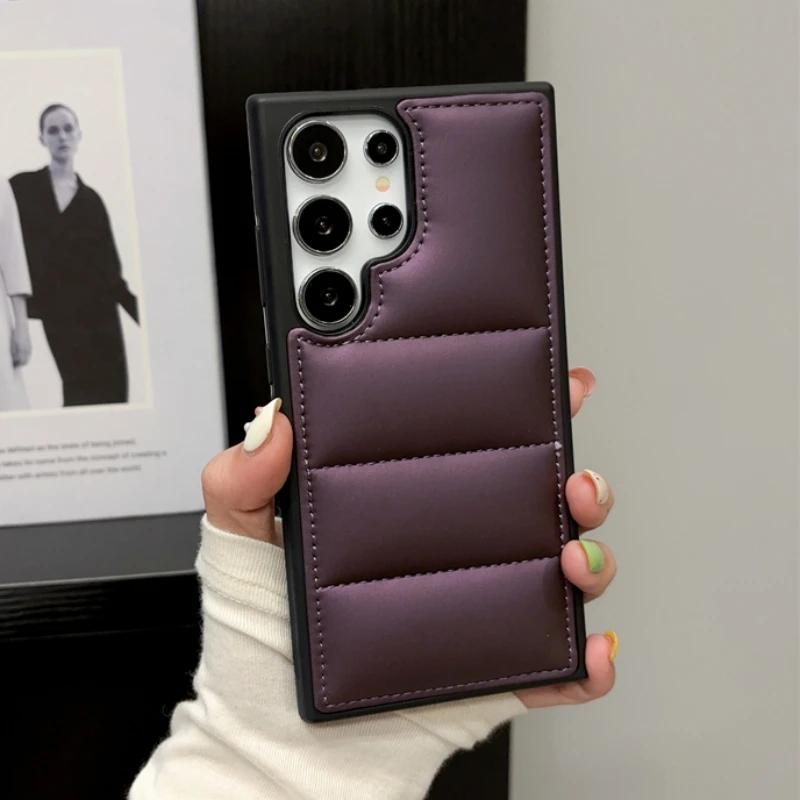Luxury Soft Fabric Down Jacket Puffer Phone Case For Samsung S25 S24 S23 S22 Ultra Plus Silicone Back Cover For Galaxy S25+Funda