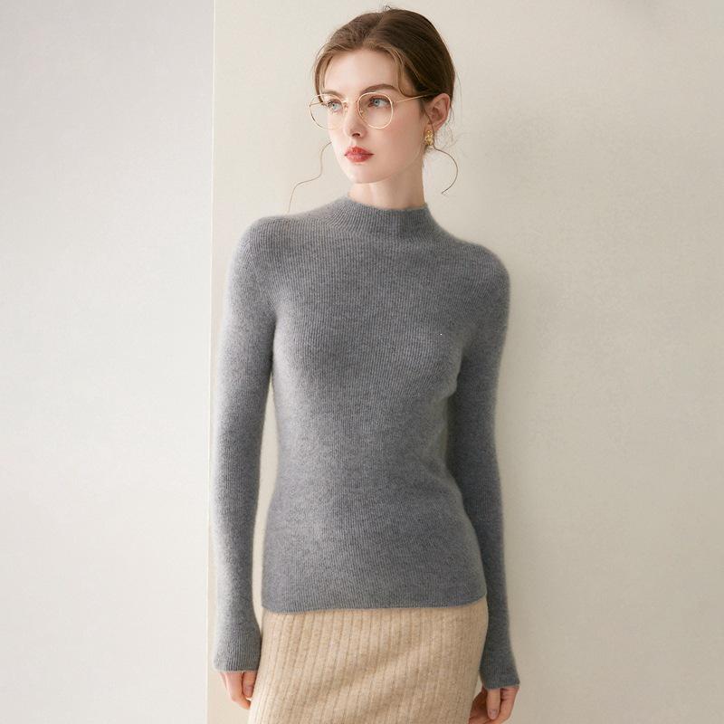 Women's 100% Pure Cashmere Seamless Half-High Collar Slim Fit Sweater - Perfect Knit Base for Autumn/Winter