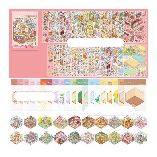 3D Scene Sticker Book Set for Kids Adults DIY Mini House Stickers Kit Reusable Kawaii Stickers for Home School Office