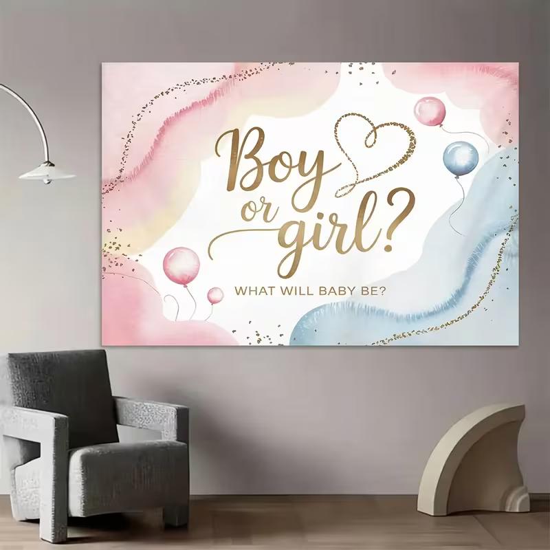 2D Printing Baby Shower Tapestry, Gender Reveal with Gold Heart and Confetti