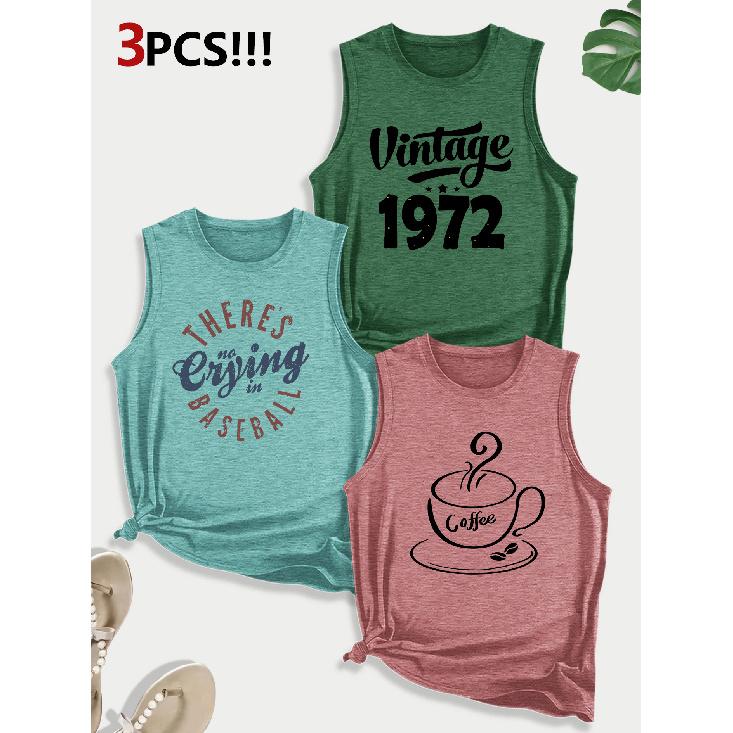 Vintage Coffee and Baseball Combo Gift Printed Pattern Crew Neck3Pack of sleeveless vests for women in spring, summer, and autumn
