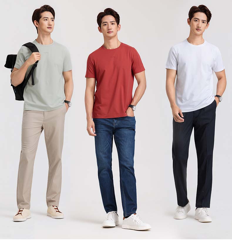 [Mesh Breathable] Langdeng Men's Round Neck T-shirt Summer Long staple Cotton Shortsleeved Top Comfortable and Elastic Sports Base Shirt