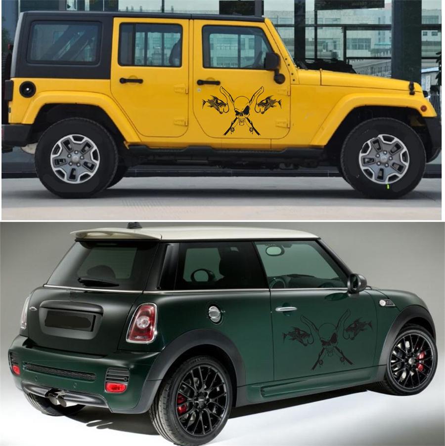 1Pc Car Door/Hood Sticker Fishing Skull Skeleton Fish Rod Hook Vinyl Decal Black