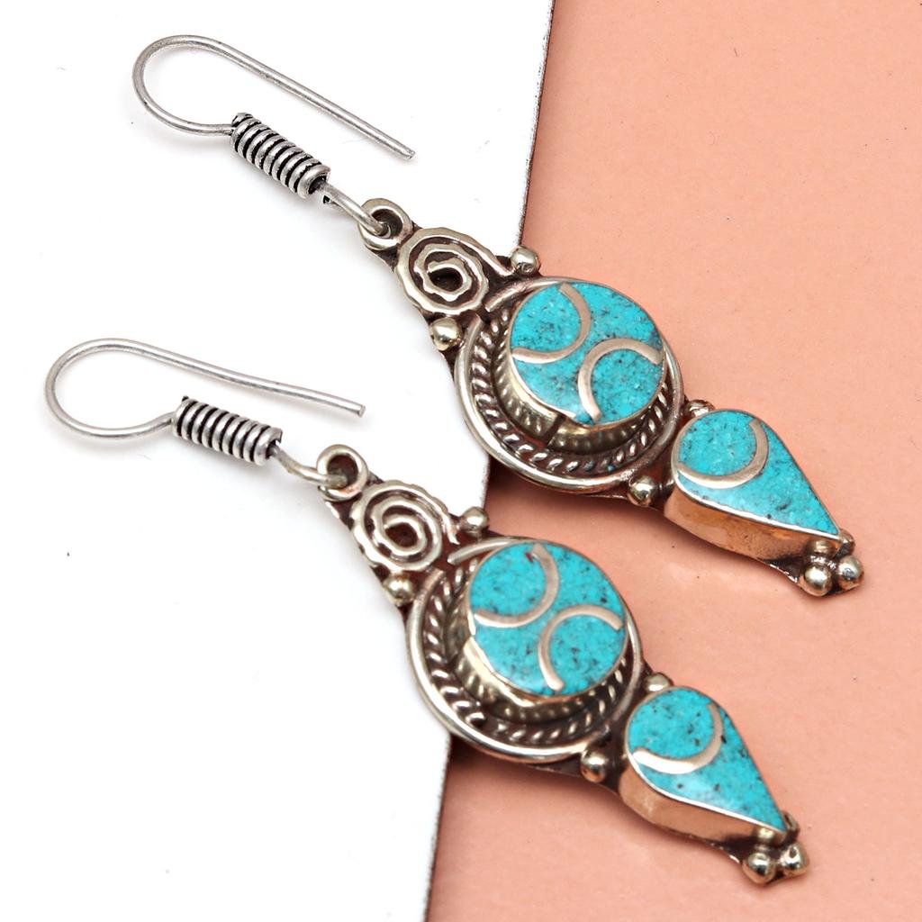 Nepali Tibetan Turquise Lapis Lazuli Gemstone Silver Jewelry Earring 1.5''