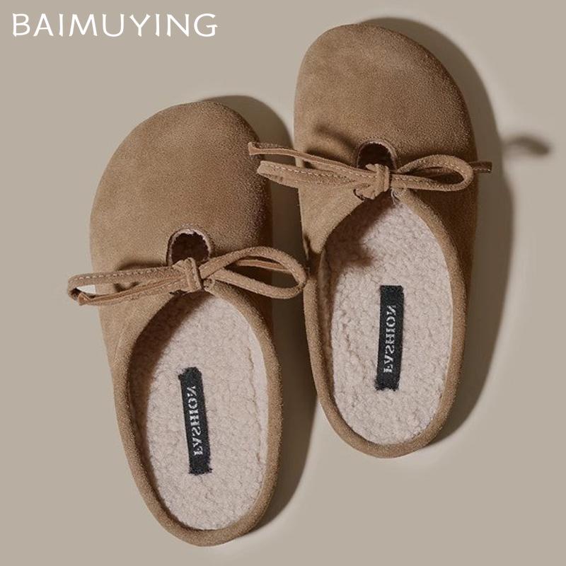 Меховые женские хлопковые тапочки на плоской подошве замшевые мюли зимняя мода с открытой пяткой женские ботинки 2025 трендовые удобные теплые туфли Mujer