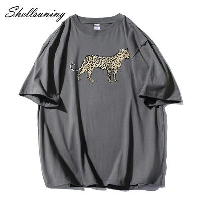 Женские футболки Shellsuning с мультяшным принтом гепарда, летние модные большие размеры, простые мягкие футболки из 100% хлопка, футболка с короткими рукавами и круглым вырезом, женские готические топы